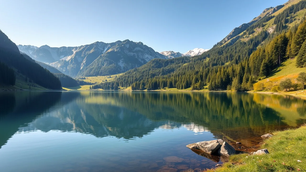 Horské jezero Antholzer See v údolí Anterselva