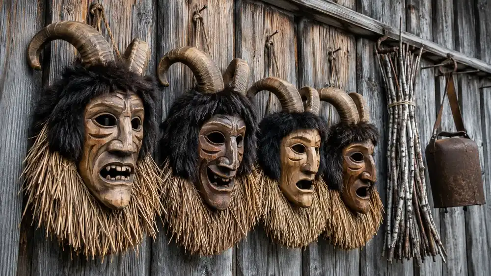 Ručně vyřezávané krampusí masky s rohy a kožešinou pověšené na dřevěné stěně alpského statku v Jižním Tyrolsku