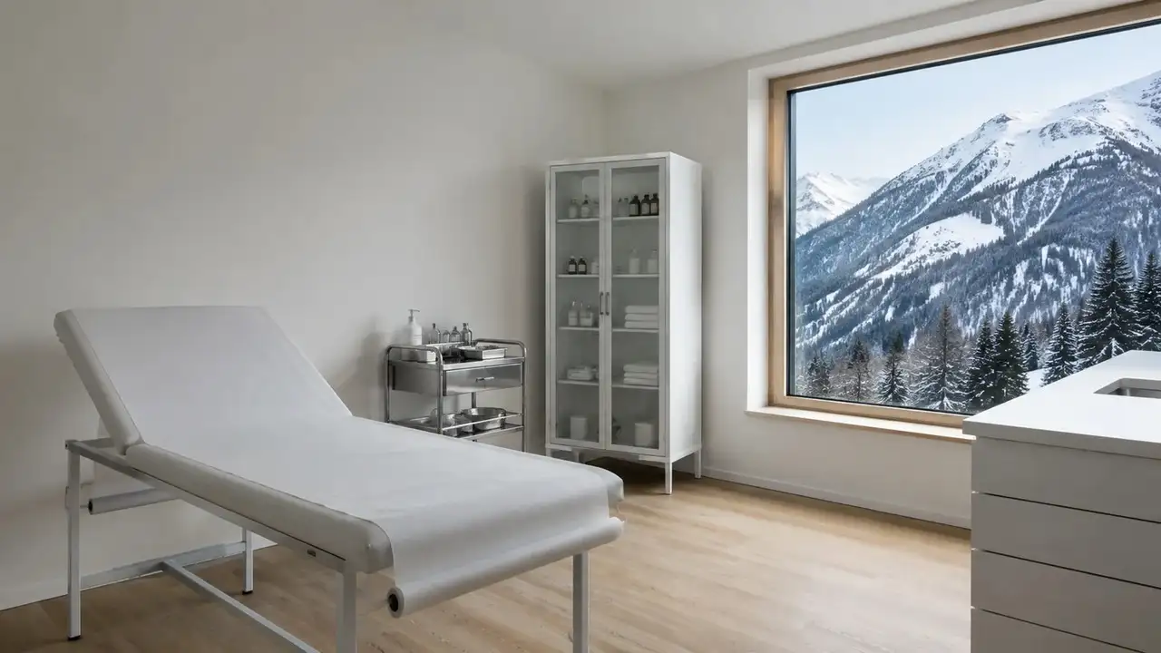 Ordinace v alpské vesnici s vyšetřovacím lehátkem a výhledem na zasněžené svahy