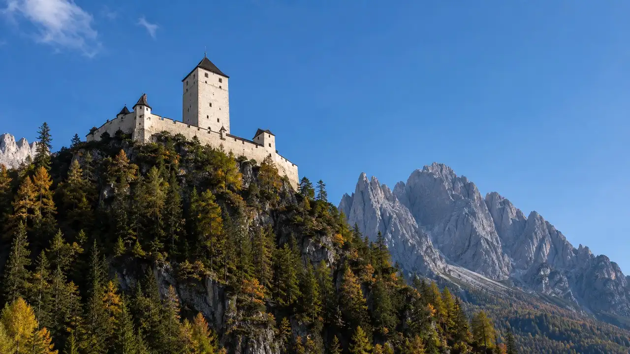 Středověký hrad s hranolovou věží na skalním ostrohu nad zeleným údolím v Jižním Tyrolsku