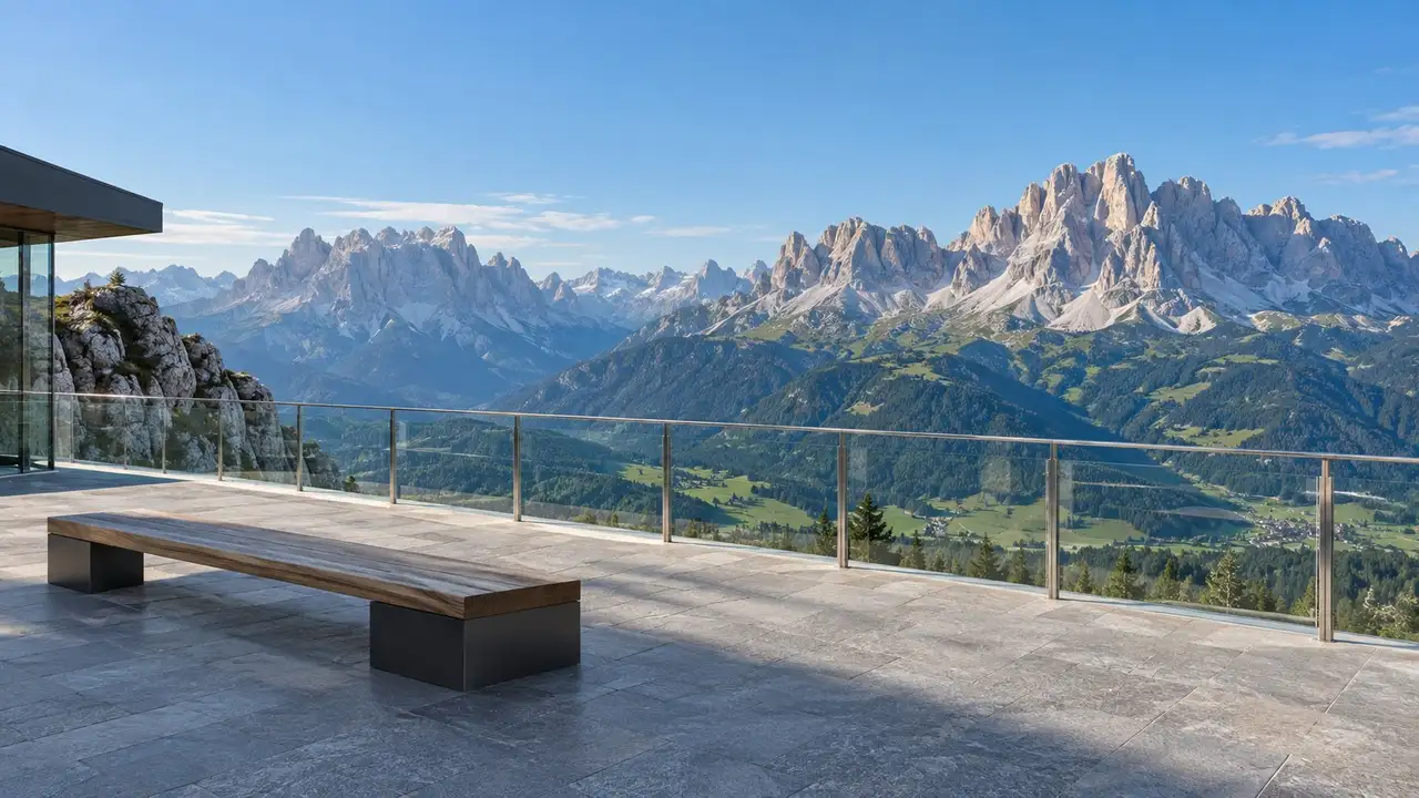 Zpevněná vyhlídková terasa u horní stanice lanovky na Kronplatzu se zábradlím a lavicí, v pozadí dolomitské štíty