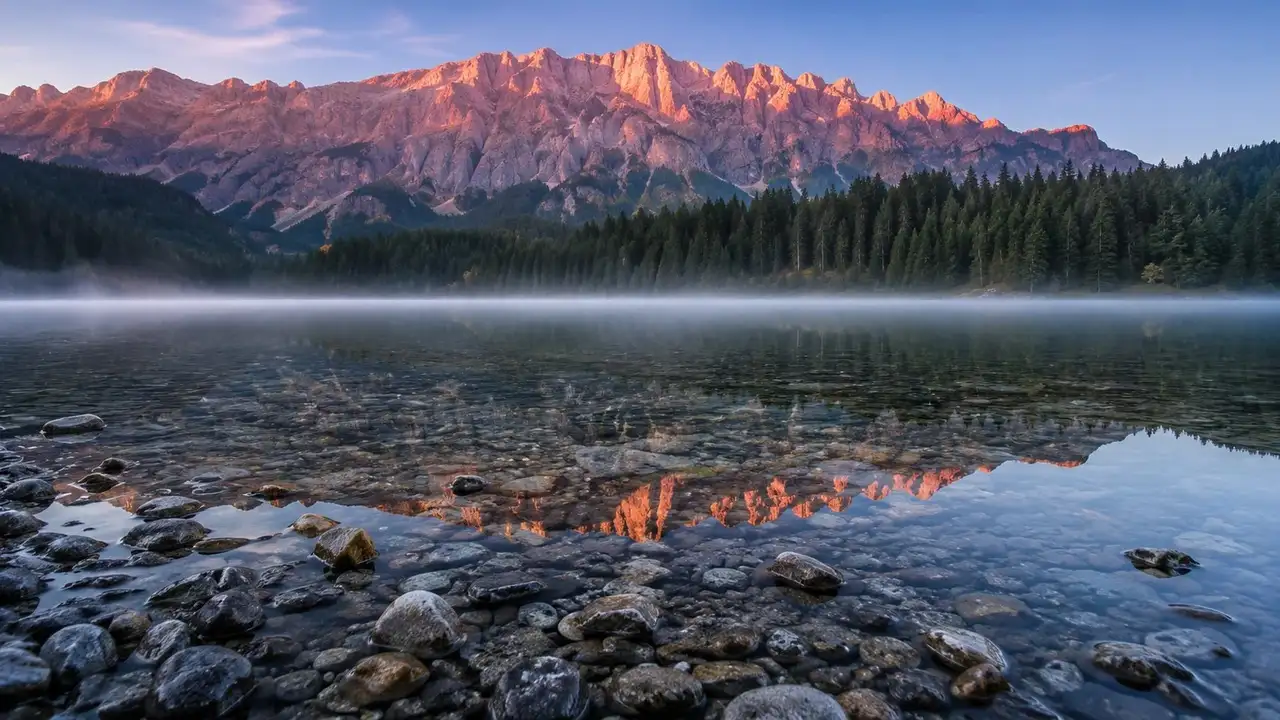 Ranní mlha nad hladinou dolomitského jezera při prvním světle