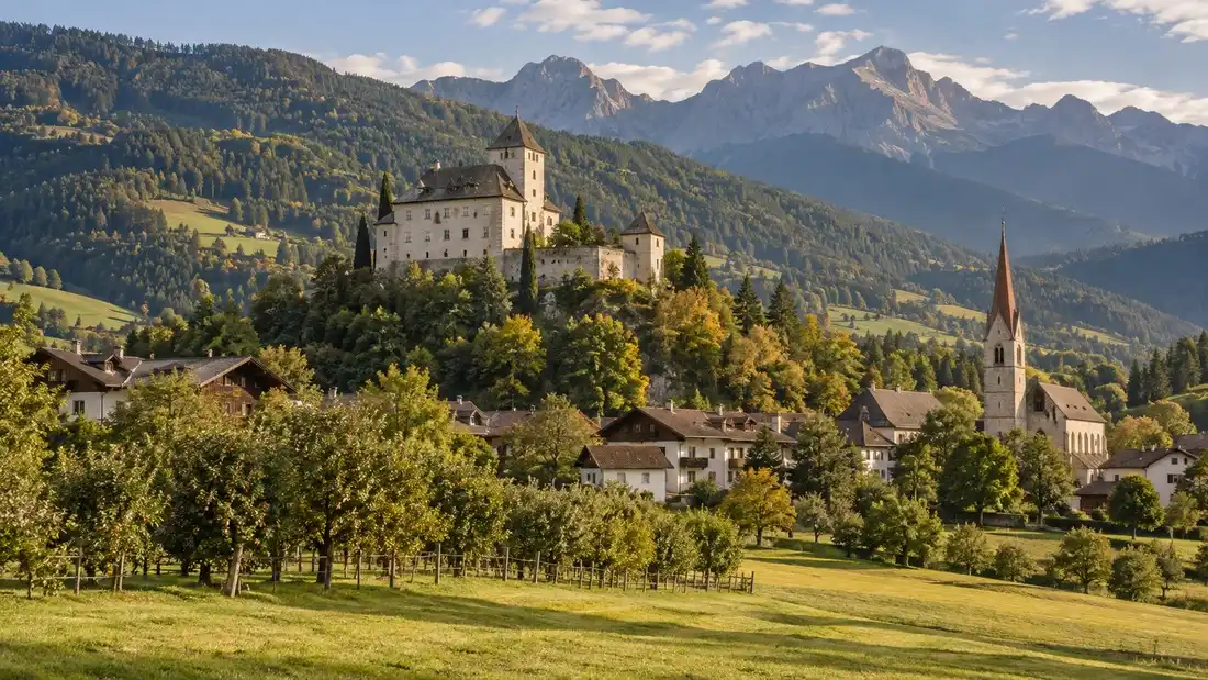 Celý obydlený renesanční hrad Ehrenburg se světlou omítkou a šindelovou střechou nad vesnicí a sečenými loukami v Pustertalu