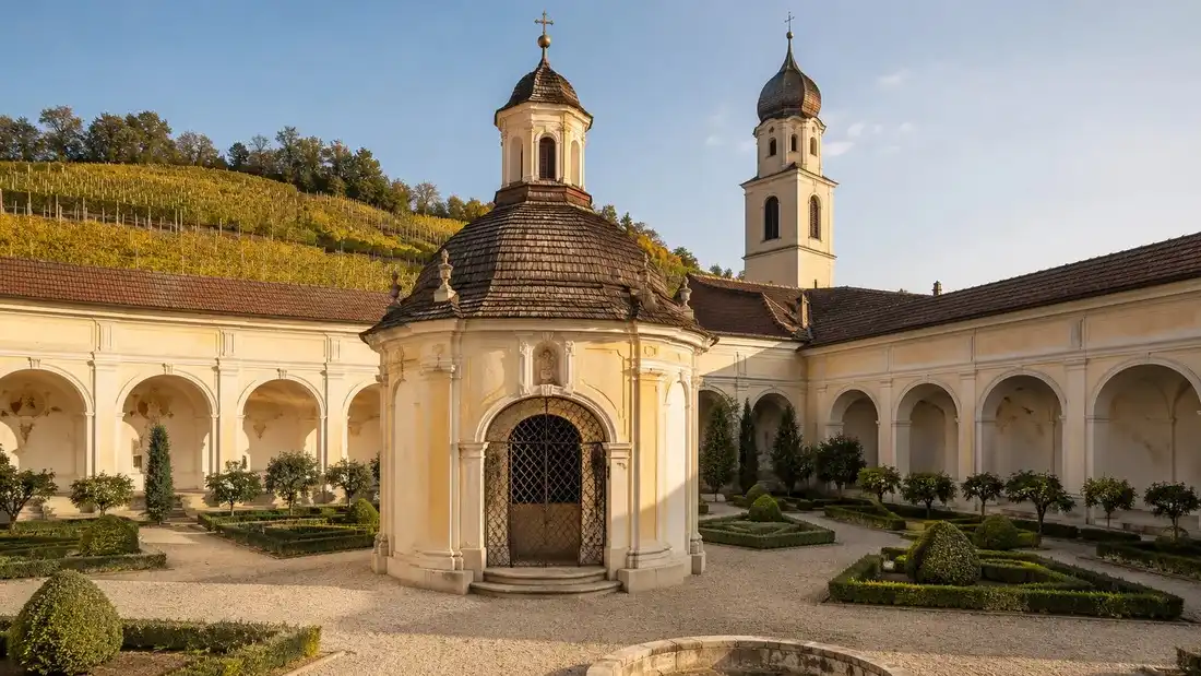 Kruhová kaple Engelsburg na nádvoří kláštera Neustift u Brixenu se zvonicí a vinicí v pozadí