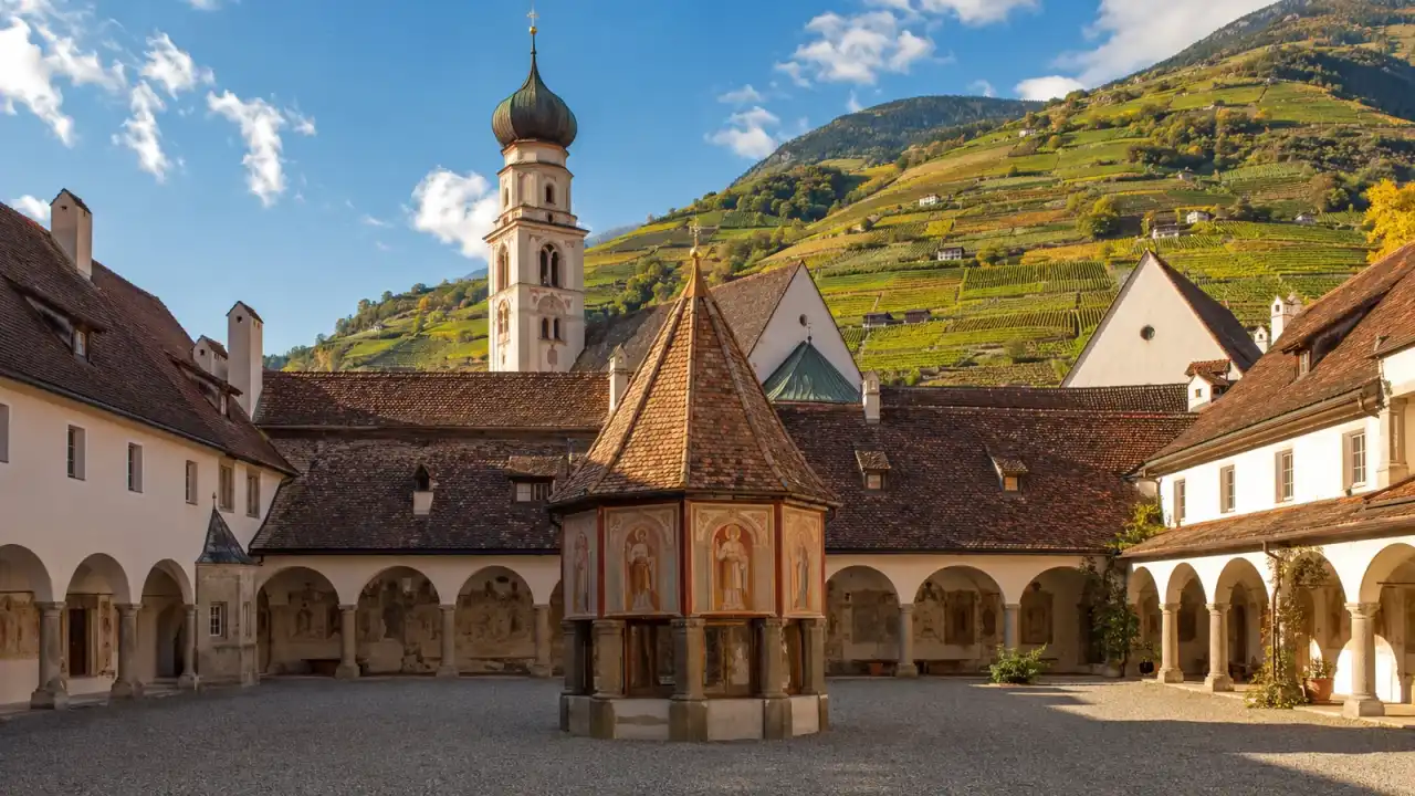Klášter Neustift u Brixenu, barokní věž kostela a klášterní nádvoří v Jižním Tyrolsku