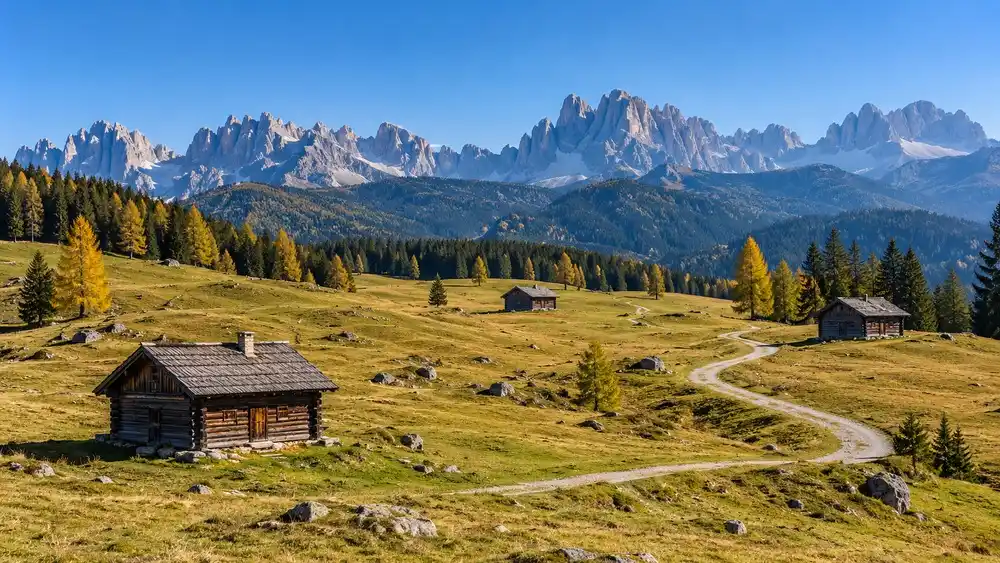 Široká otevřená pastvina Lüsner Alm s roztroušenými dřevěnými salašemi a Dolomity na obzoru