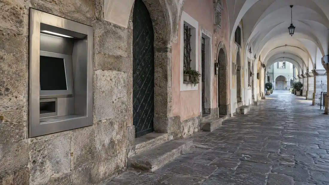 Bankomat ve zdi podloubí ve starém městě v Jižním Tyrolsku