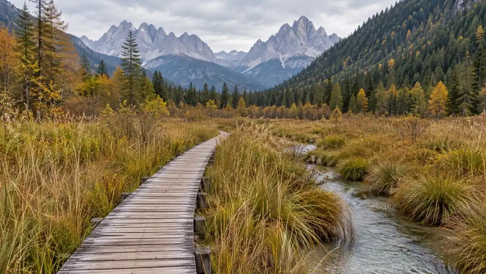 Dřevěný povalový chodník přes mokřadní louku v jihotyrolském údolí, v pozadí smrkový les a dolomitské vrcholy