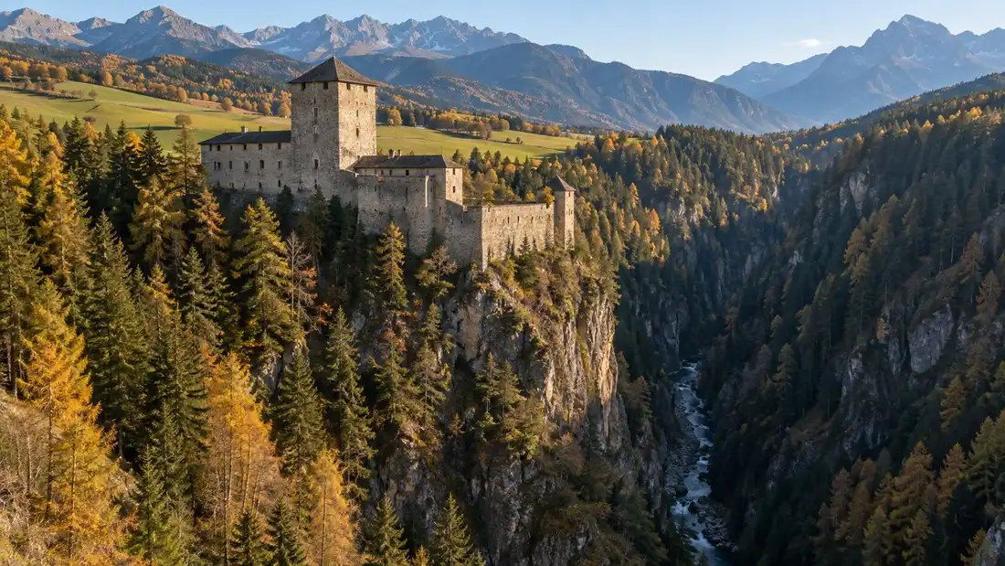 Hrad Rodenegg na skalním ostrohu nad soutěskou Rienzy pod obcí Rodeneck