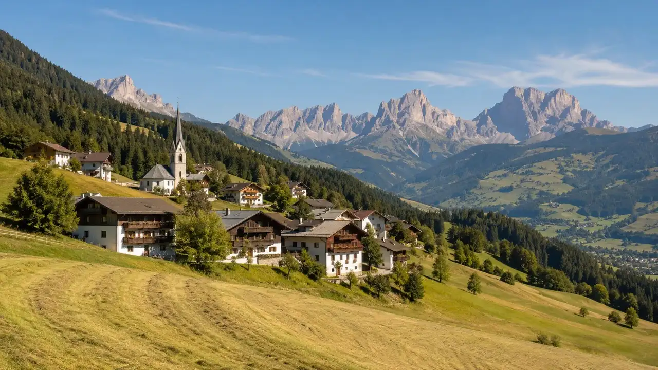 Vesnice Terenten na sluneční terase nad údolím Pustertal