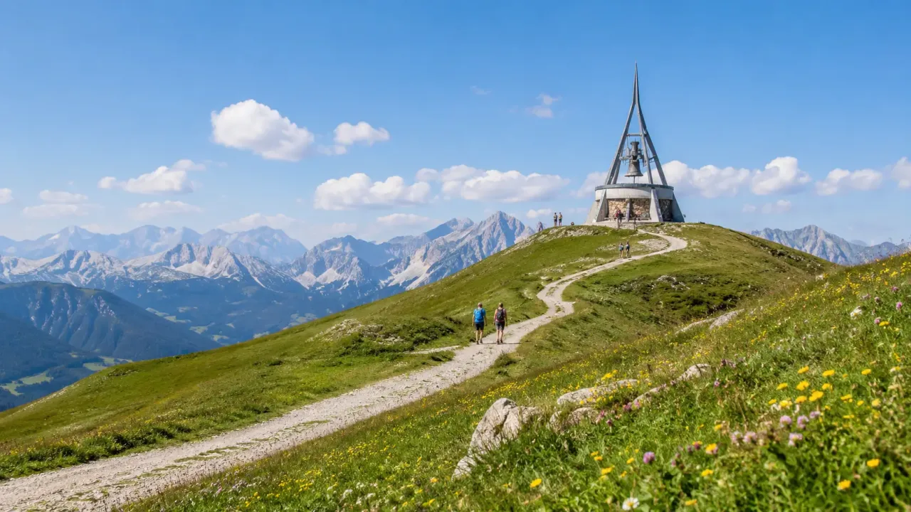 Vrchol Plan de Corones v létě se zvonem Concordia a panoramatem Dolomit