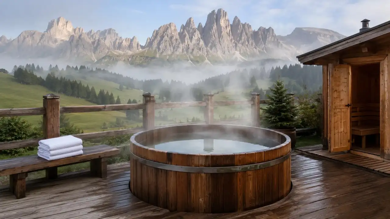 Venkovní vyhřívaná koupel na terase alpského penzionu v Pustertalu s dolomitskými štíty v pozadí