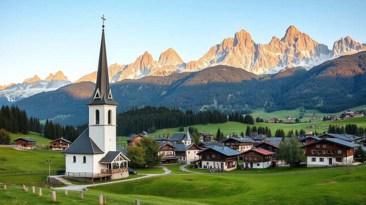 Malebná jihotyrolská vesnice v údolí Pustertal s kostelní věží a Dolomity v pozadí