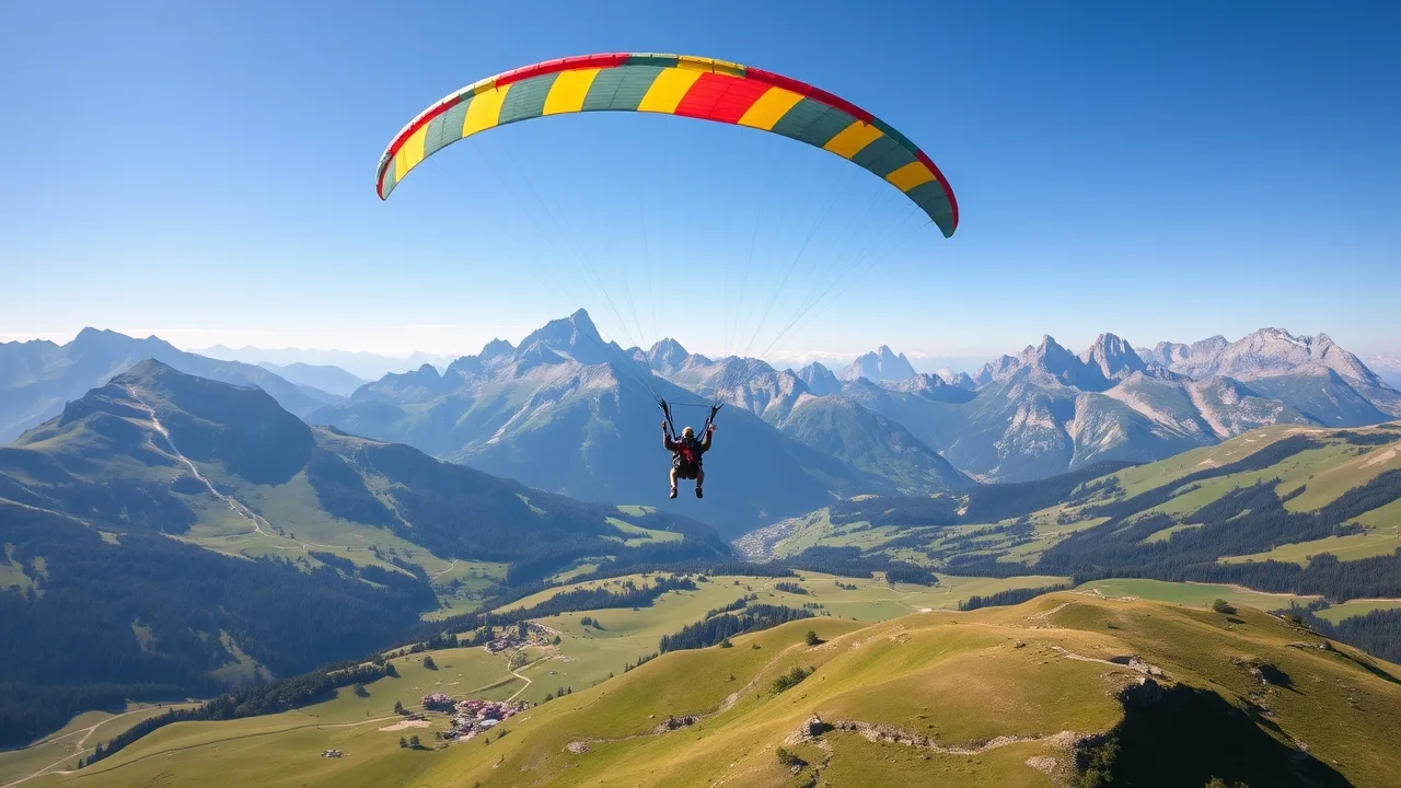 Tandemový paraglidingový let nad zelenými loukami a vrcholky Dolomit v létě