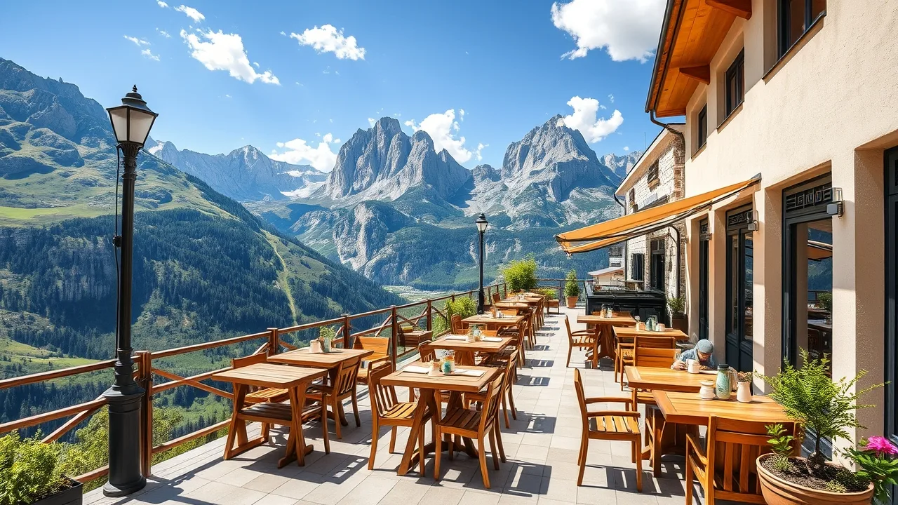 Terasa horské restaurace s výhledem na Dolomity