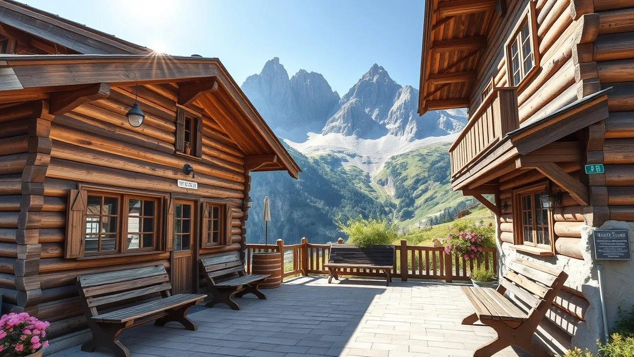 Horská chata s terasou a výhledem na Dolomity
