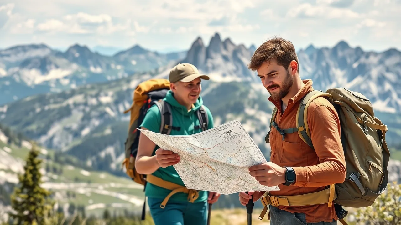 Turisté na horské stezce u Kronplatzu kontrolují mapu
